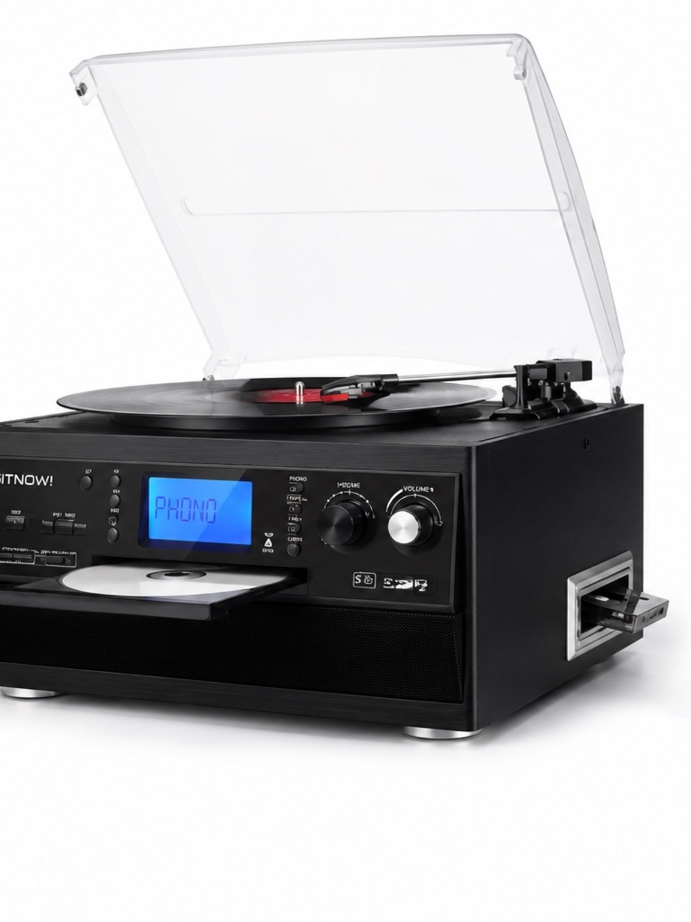 Black Vinyl Record Player with CD/USB Playback and Blue Display